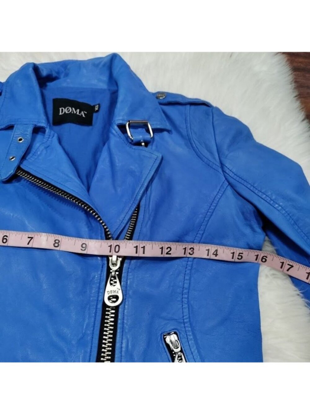 Doma Womens Blue Leather Moto Jacket XS With Zipper Details & Asymmetrical Front - Picture 9 of 15